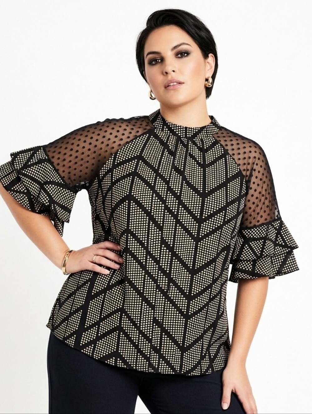 2/$20 2X Lace Sheer Mesh Black Plus Size Ruffled Top